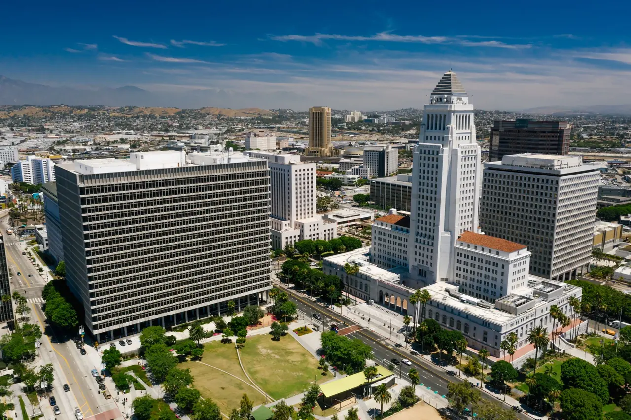 Aerial view of downtown Los Angeles and City Hall
