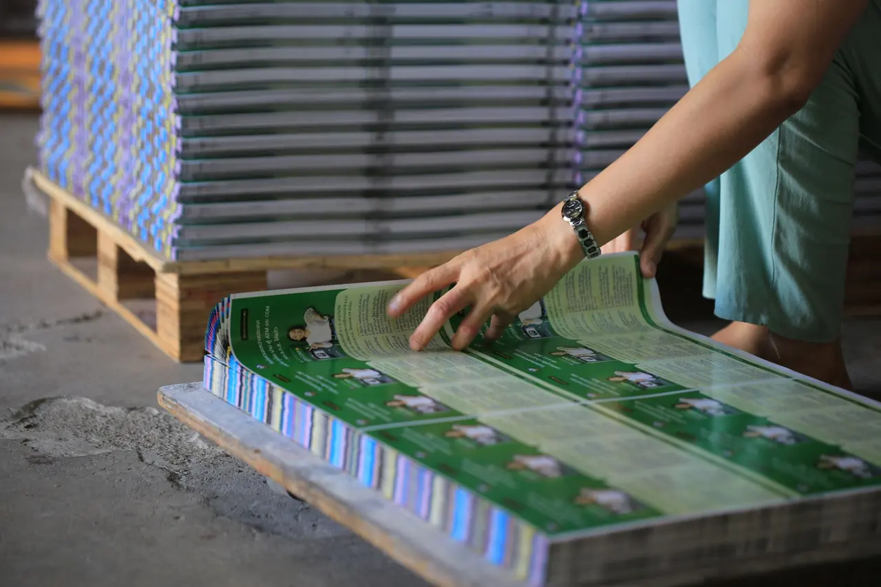 Freshly printed mailers stacked for distribution